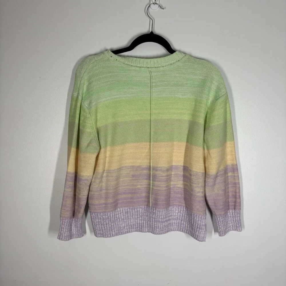 LOFT Women L Knit Pastel Stripe Ombre Elbow Sleeve Crew Neck Sweater NWT